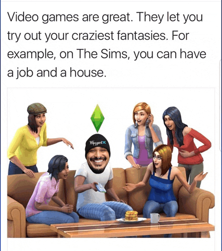 a group of people are sitting on a couch with a man playing the sims