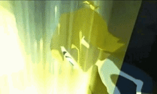 a cartoon character with yellow hair is standing in front of a lightning bolt .