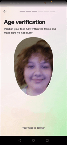 a screen shows a woman 's face and says age verification position your face fully within the frame