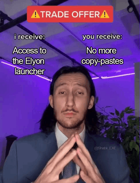 a man in a suit and tie is standing in front of a purple background with a trade offer sign above him