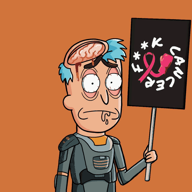 a cartoon of a man holding a sign that says ' breast cancer ' on it