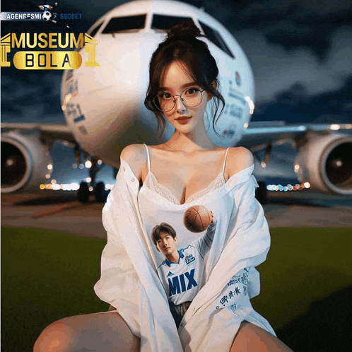 a woman is sitting in front of an airplane wearing a mix shirt