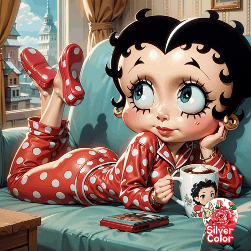 a picture of betty boop laying on a couch with a cup of coffee