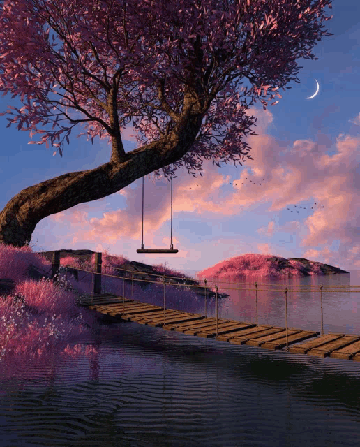 a wooden bridge over a body of water with a swing under a cherry blossom tree