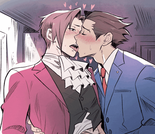 a drawing of a man in a suit kissing another man on the cheek