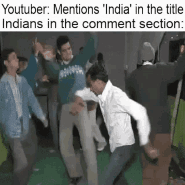 a group of men are dancing together in a room while a youtuber mentions india in the title indians in the comment section .