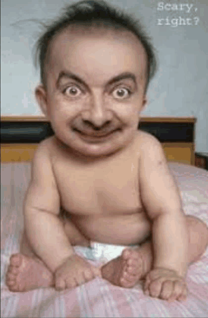 a baby in a diaper is sitting on a bed with a scary face ..