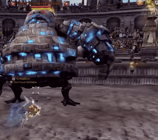 a video game is being played with a monster named golem stone half golem in the background