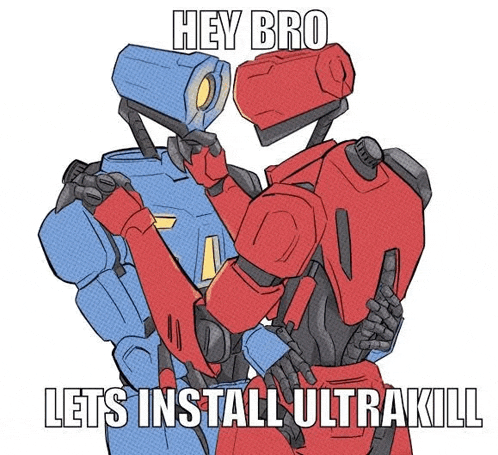 a blue and red robot are hugging each other with the words `` hey bro lets install ultrakill '' .