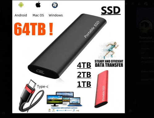 an advertisement for a portable ssd with 64 tb capacity