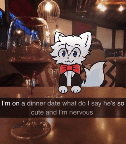 a cartoon of a cat with a red bow tie standing next to a glass of red wine