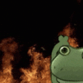 a cartoon frog is standing in front of a fire .