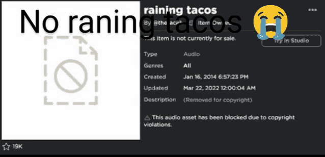 a screenshot of a website that says no raining tacos on it