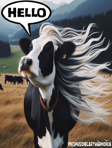 a picture of a cow with a speech bubble saying hello