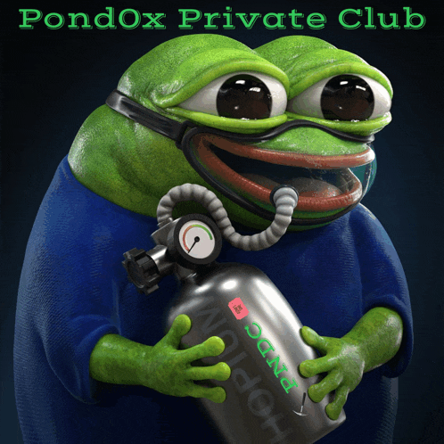 a frog wearing a mask and goggles is holding a bottle that says " pondox private club "