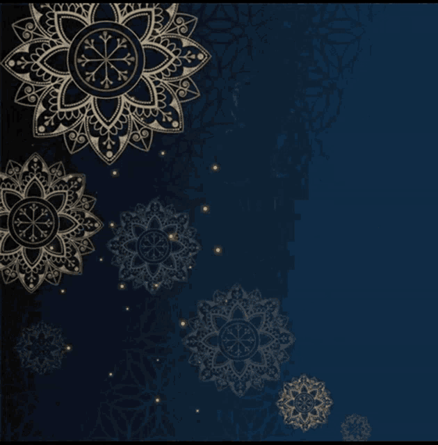 a dark blue background with gold snowflakes and stars