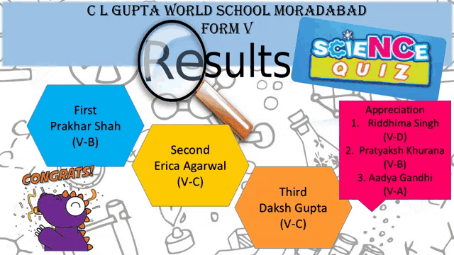 a poster for cl gupta world school moradabad shows the results of the science quiz