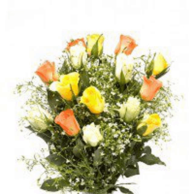 a bouquet of yellow and red roses with green leaves on a white background .