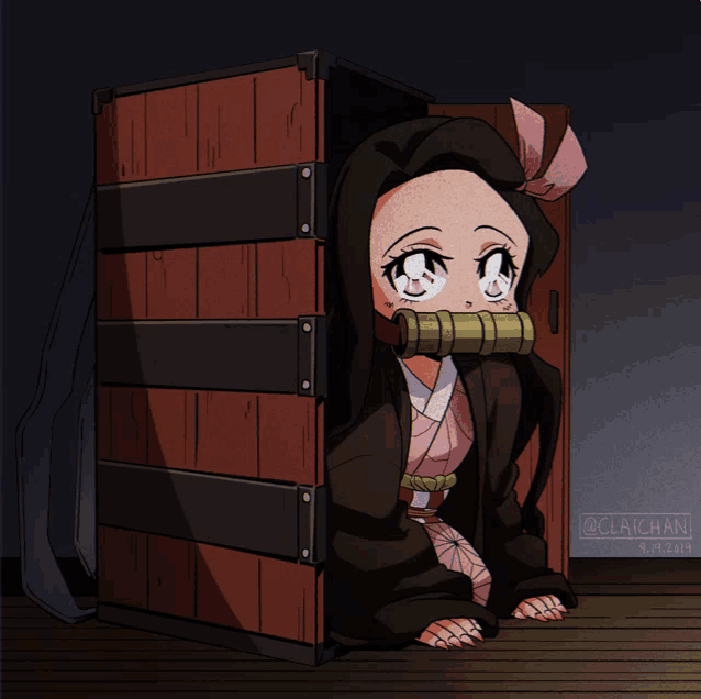 a drawing of a girl sitting in a wooden box with the hashtag @clacism