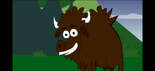 a cartoon drawing of a bison with a big smile