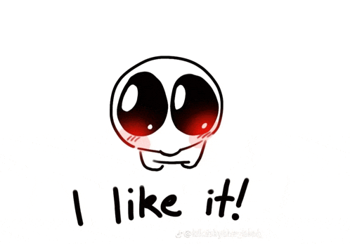 a drawing of a skull with red eyes and the words " i like it " below it