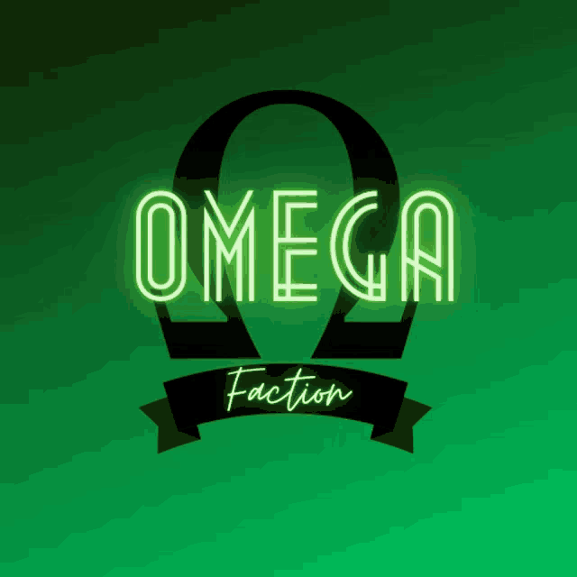 a neon sign that says omega faction with a green background