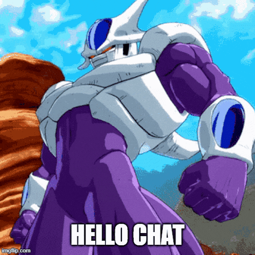 a cartoon character says hello chat in a pixelated image