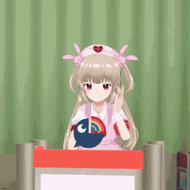 a girl in an apron is standing at a podium with her arms in the air .