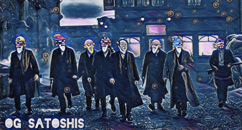 a painting of a group of men with og satoshis in the lower right corner