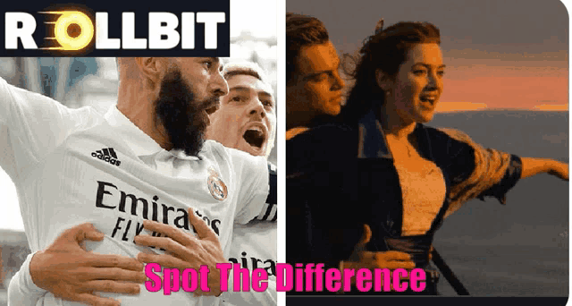 a soccer player wearing an emirates jersey next to a picture of a woman in a titanic movie