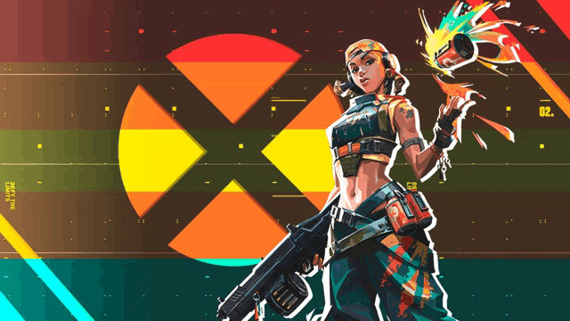 a colorful illustration of a woman holding a gun in front of a large x