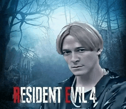 a poster for resident evil 4 with a man in a wig