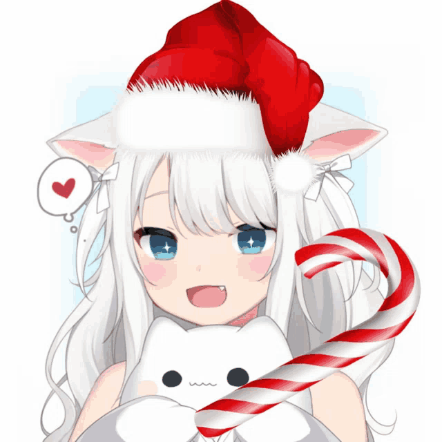 a girl with white hair wearing a santa hat holds a candy cane