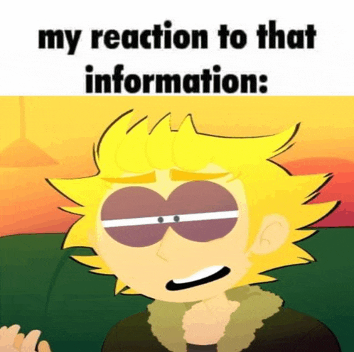 a cartoon character with yellow hair and brown eyes is sitting on a couch and says `` my reaction to that information : ''