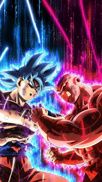 a cartoon of goku and jiren from dragon ball fighting