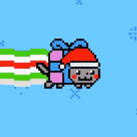 a pixel art of a cat wearing a santa hat and carrying a gift box