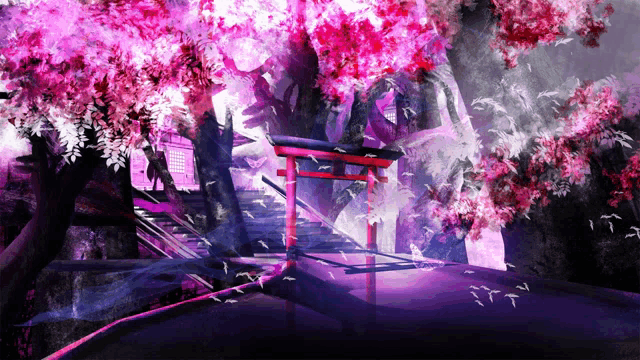 a painting of a torii gate surrounded by pink and purple flowers