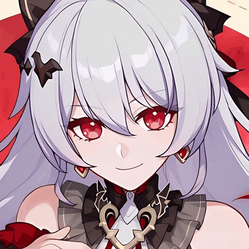 a girl with white hair and red eyes has a bat on her hair