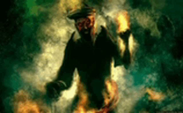 a painting of a man in a gas mask holding a torch in a dark room .