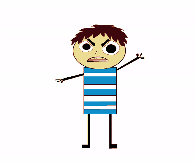 a stick figure with red hair is wearing a blue and white striped shirt and making an angry face .