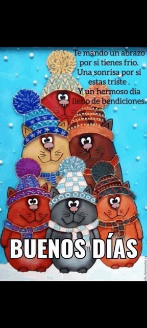 a group of cats wearing winter hats and scarves are standing next to each other .