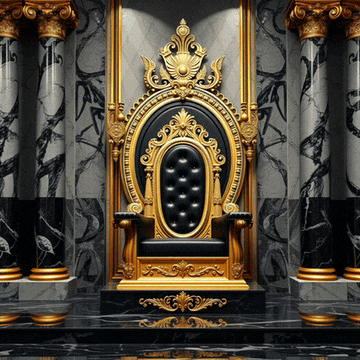 a gold and black throne in a room with marble columns