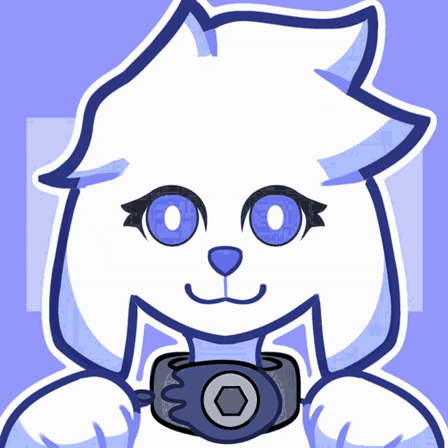 a cartoon drawing of a white cat with blue eyes holding a camera