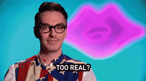 a man wearing glasses and an american flag shirt is making a funny face in front of a pink lips .