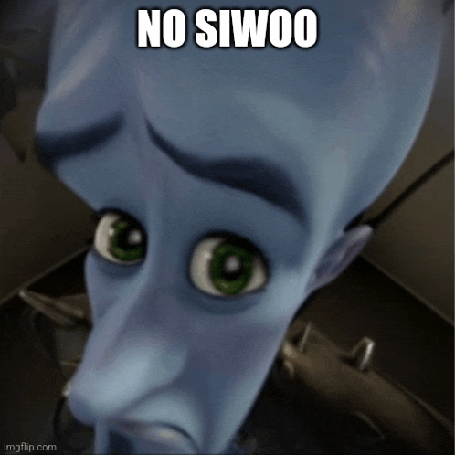 a cartoon character with green eyes and the words no siwoo on the bottom