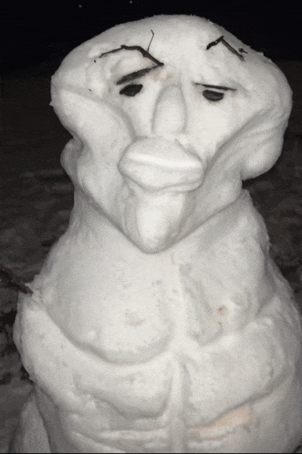 a snowman that looks like a man with a beard is standing in the snow