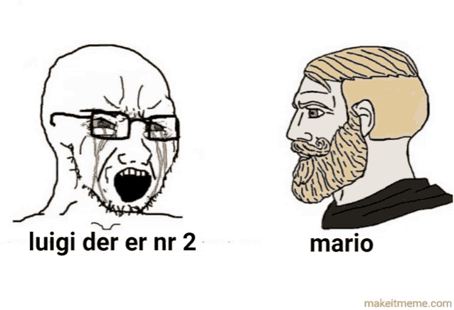 a cartoon of a man crying next to a cartoon of a man with a beard and the words luigi der er nr 2