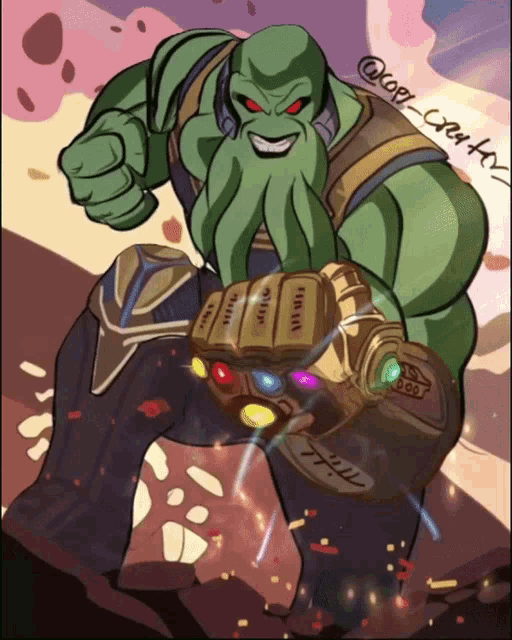 a cartoon drawing of a green hulk holding a infinity gauntlet with the name kopi-creaty written on the bottom