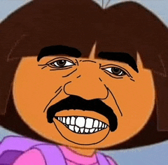 a close up of dora the explorer 's face with a mustache and big teeth