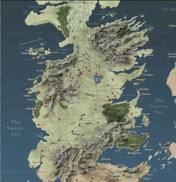 a map of the game of thrones shows the sunset sea and the narrow sea